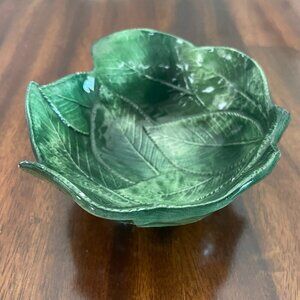 Italy Green Leaf Overlapping Ceramic Trinket Dish 5" Made in Italy Footed!